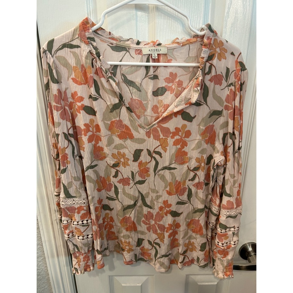 Angels Blouse Orange Floral Crochet Lace Long Sleeve Boho Peasant Top L